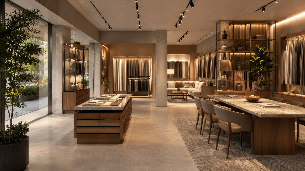 Funkcjonalny showroom z dużymi witrynami, ścianą próbek materiałowych, miejscem spotkań i uporządkowanymi strefami ekspozycj